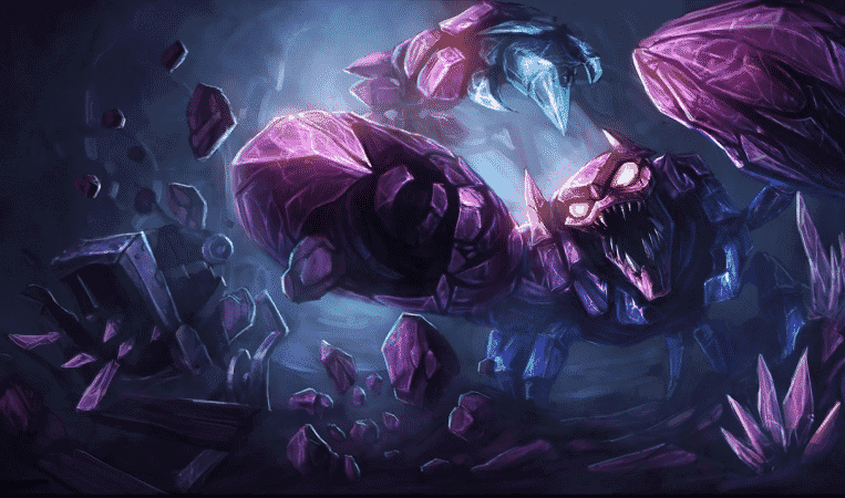 The splash art for League of Legends champion Skarner, a scorpion creature with a crystalline body