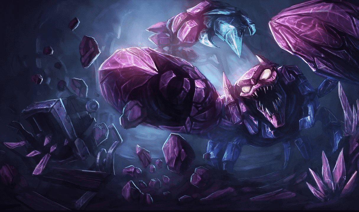 The splash art for League of Legends champion Skarner, a scorpion creature with a crystalline body