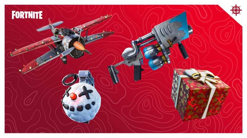 A Fortnite X-4 Stormwing airplane, a Chiller Grenade, Snowballer Launcher weapon and gift wrapped present are shown above a red background with wavy white lines and the word Fortnite in the top corner