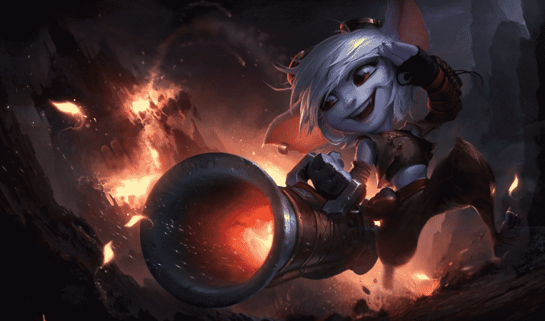 Splash art for League of Legends champion Tristana, a Yordle with a rocket cannon and explosions behind her