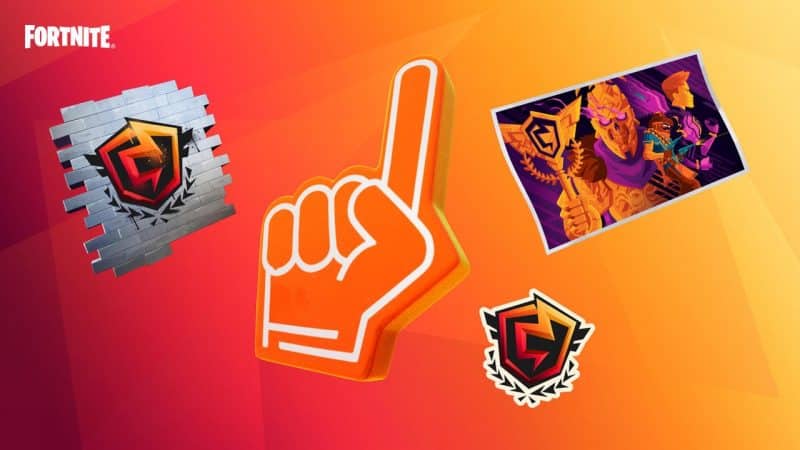 An orange foam finger, an orange FNCS logo spray on a brick wall, a FNCS logo sticker and a postcard of a skeleton man holding a scepter with an FNCS logo atop all appear on a red and orange background as Twitch drops in Fortnite's FNCS Season 2 Chapter 5