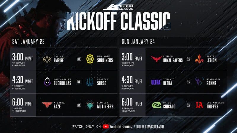 The words Kickoff Classic and the Call of Duty League logo appears over a table showing matchups and times for the games for the event