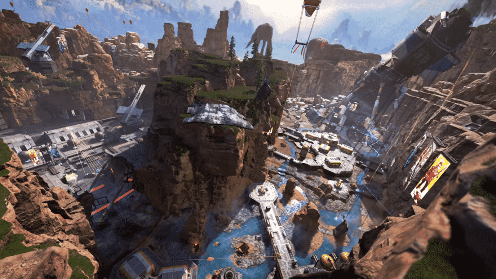 An image of the new King's Canyon location in Apex Legends, a futuristic military installation in a deep, rocky valley