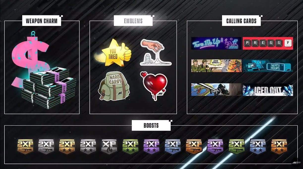 An image featuring a bunch of drops Call of Duty Black Ops Cold War players can receive from watching Call of Duty League CDL games, including weapon charms, calling cards, emblems and double exp buffs