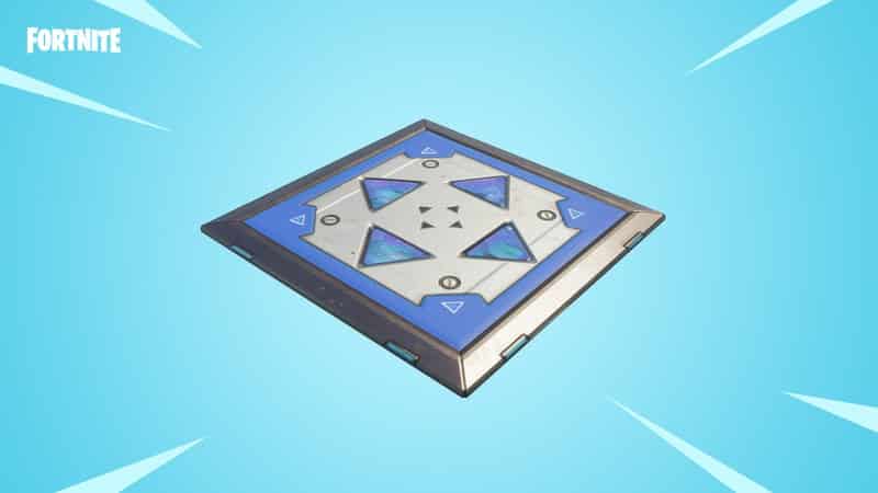 A blue pad with triangles pointing outward in each direction called a Bouncer is shown above a light blue background with white action lines and the word Fortnite in white in the corner