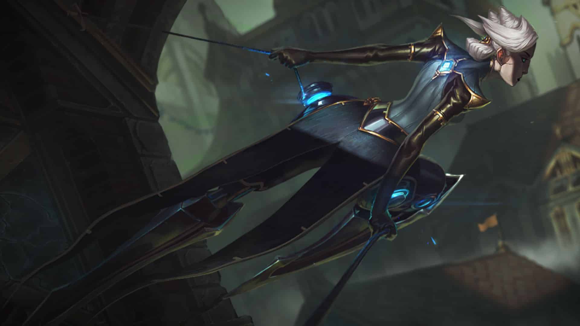 The splash art for League of Legends champion Camille, a cybernetic woman with blades for legs dashing above a polluted city