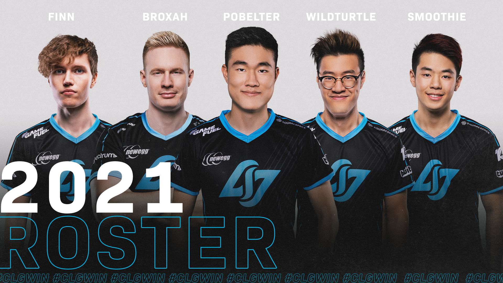 The CLG 2021 LCS roster of Finn "Finn" Wiestål, Mads "Broxah" Brock-Pedersen, Eugene "Pobelter" Park, Jason "WildTurtle" Tran, and Andy "Smoothie" Ta stand together with the words "2021 Roster" in front of them