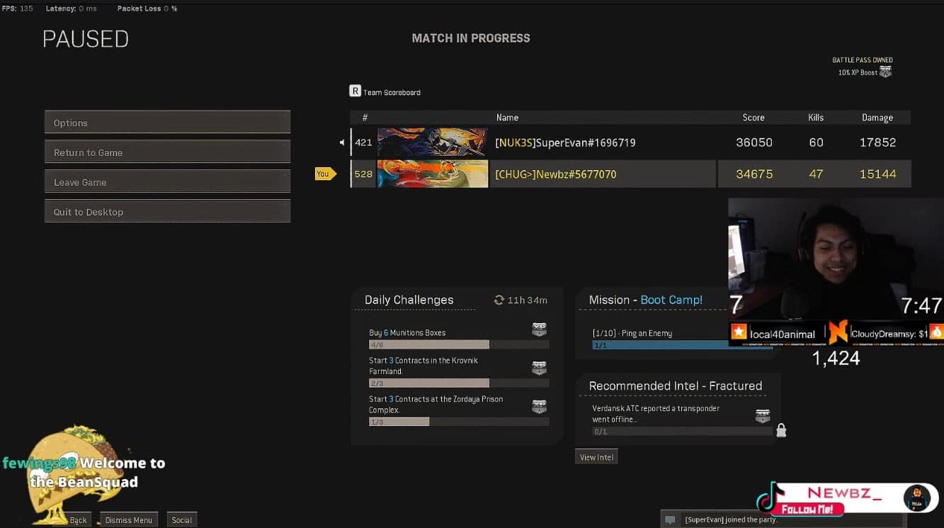 The pause screen during SuperEvan and Newbz's match, showing their kill count