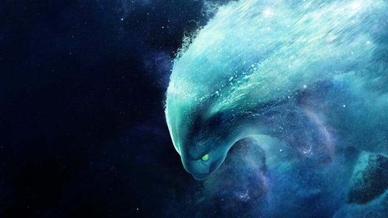 Dota 2 hero Morphling, a celestial-looking tidal wave, appears moving forward in space with stars in the distance