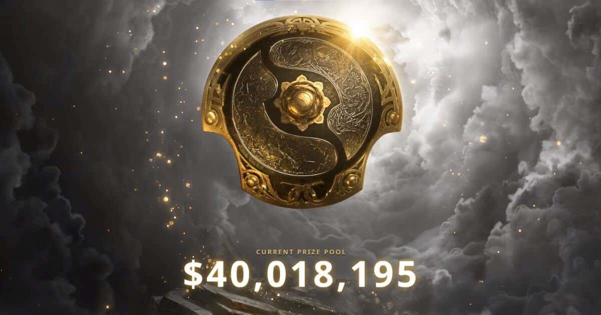 The Aegis of the Immortal shield sits against a clouded sky surrounded by golden stars. The final prize pool for TI 10's Battle Pass; $10,018,195 appears beneath