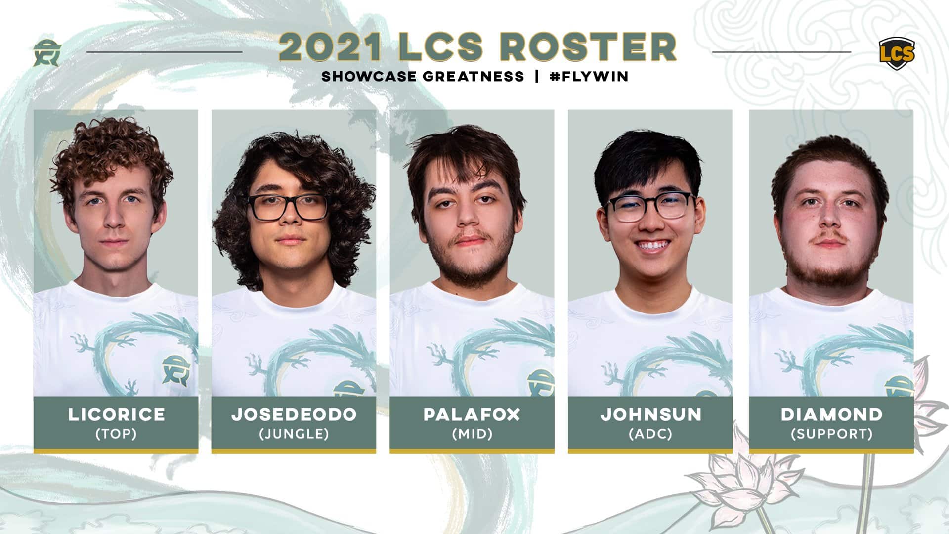 Portraits of FlyQuest's LCS 2021 roster of Eric "Licorice" Ritchie, Brandon Joel "Josedeodo" Villegas, Cristian "Palafox" Palafox, Johnson "Johnsun" Nguyen, David "Diamond" Bérubé appear with their names below their boxes