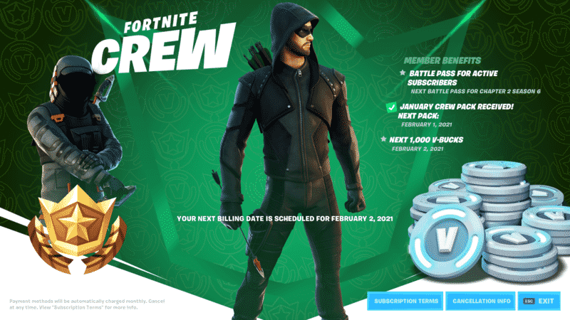 A Fortnite character in rogue's gear is shown in the middle next to a pile of V-bucks to one side and an astronaut on the other side with the words "Fortnite Crew" in the corner and more text scattered throughout with a green and white background