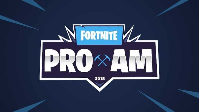 The words "Fortnite Pro Am 2018" appear inside of a box with juts out of it on top of a dark blue background with a few white action lines