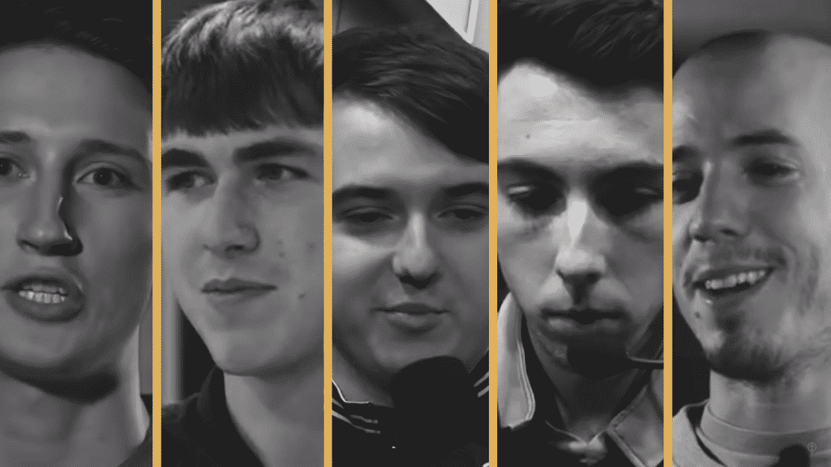 The faces of Golden Guardians 2021 LCS players Aiden “Niles” Tidwell, Ethan “Iconic” Wilkinson, Nicholas “Ablazeolive” Abbott, Trevor “Stixxay” Hayes, Leandro “Newbie” Marcos all appear next to each other in individual sections