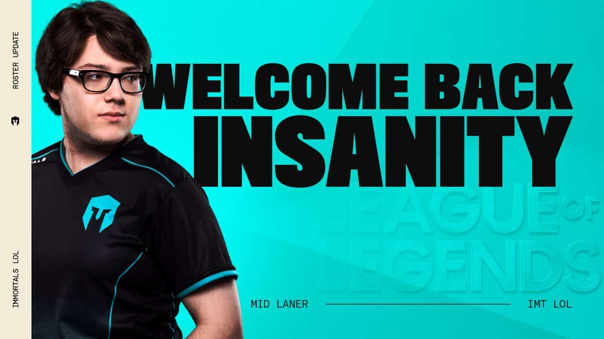 Pro LoL mid laner David "Insanity" Challe stands at the side of the screen in an Immortals jersey looking at the words "Welcome Back Insanity" on a blue background