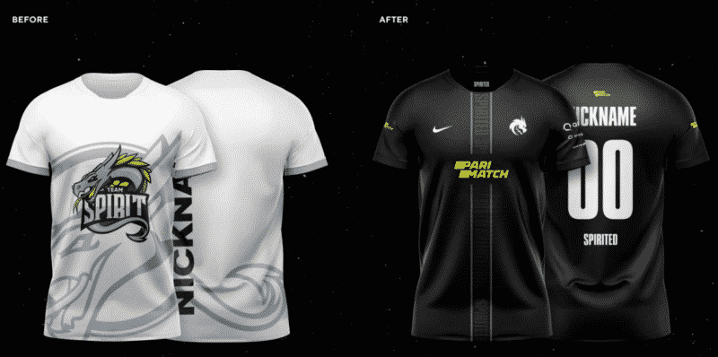 Two new Team Spirit jerseys, one in white and one in black, appear with both the front and back pictured on a black background