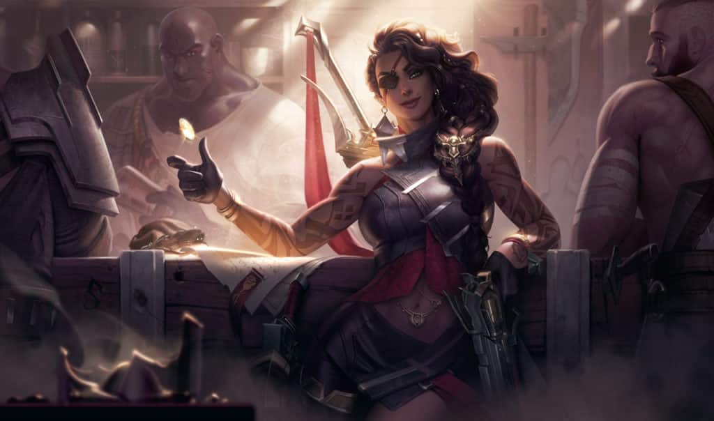 The splash art for League of Legends champion Samira, a rogue-looking woman in light armor flipping a coin in the air in a fantasy shop with two men looking at her