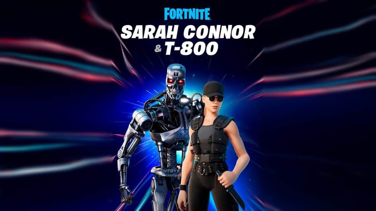 The Fortnite versions of the robotic Terminator and Sarah Connor appear above the text "Fortnite Sarah Connor & T-800" with a space-like background behind them