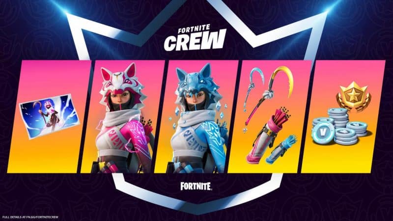 Five boxes appear, containing from left to right a mat with a Fortnite character on it, a pink Vi skin with a wolf's head hood, a blue Vi skin with the same hood, blue and yellow sickles and arrows and a gold crown with a stack of V-bucks, all imposed over a Fortnite Crew crown logo and the words "Fortnite Crew" in that