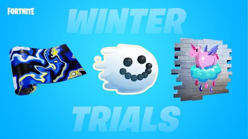 The words "Winter Trials" appear at the top and bottom of the image with three items in between, a cool blue and yellow roll of wrap, a snowball with a smiling face and a unicorn graffiti on a brick wall