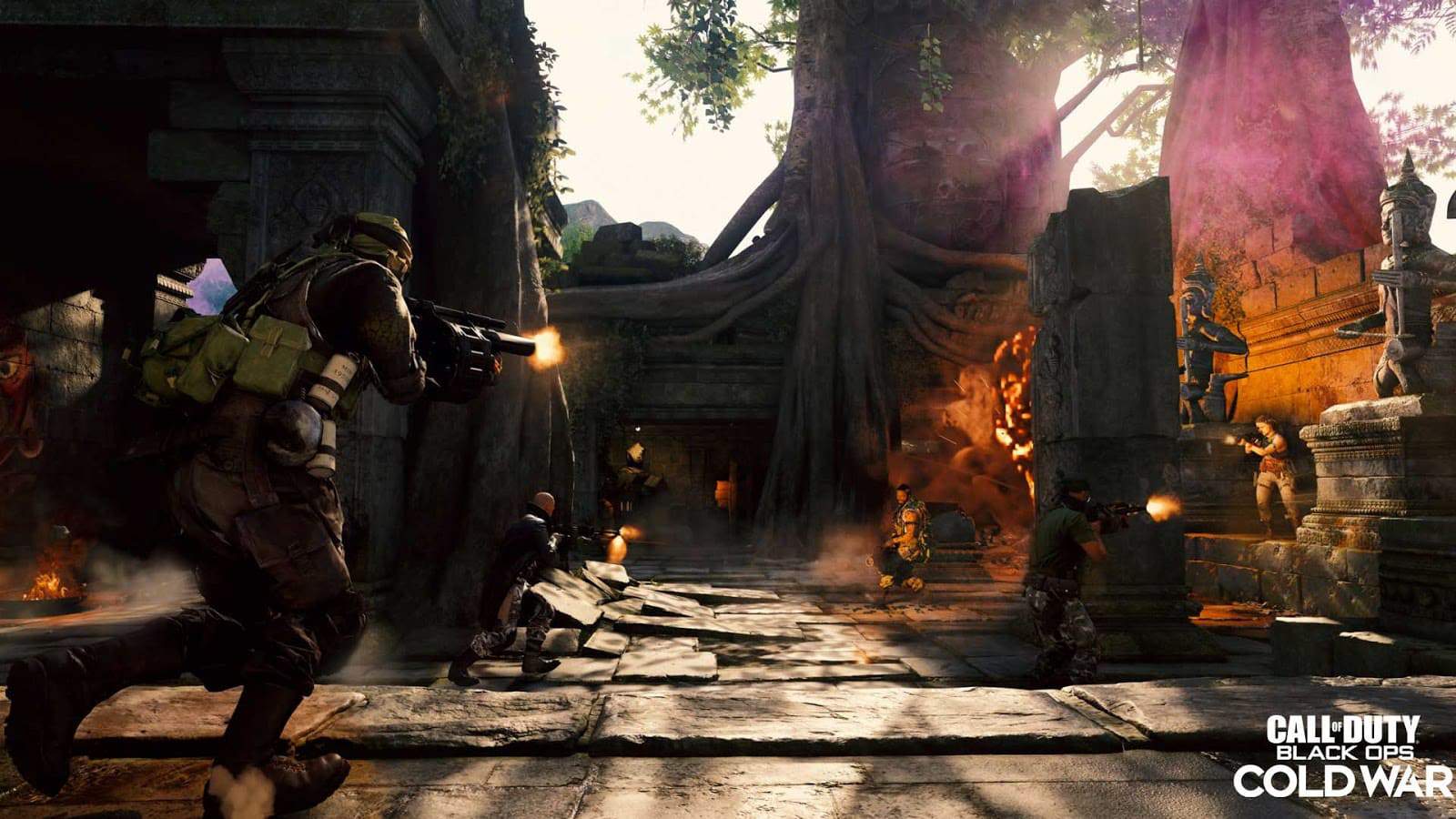 A gun fight ensues between military units in an overgrowns ruins area in the Call of Duty Black Ops Cold War Apocalypse