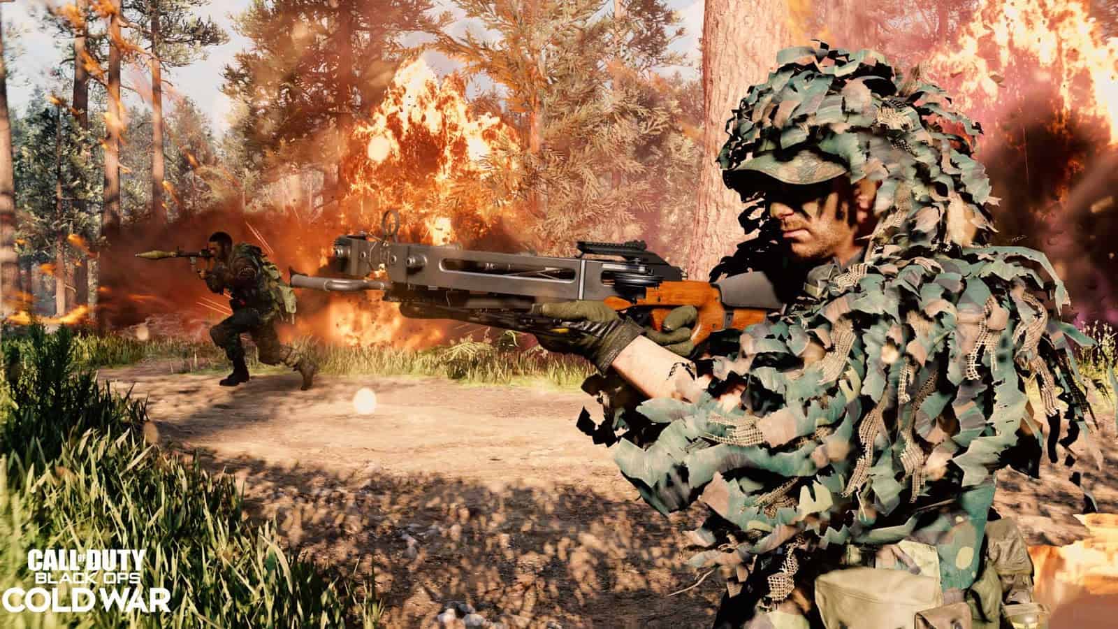 A soldier in a ghille suit aims a crossbow with an explosion happening behind behind him. The Call of Duty Black Ops Cold War logo appears in the corner.