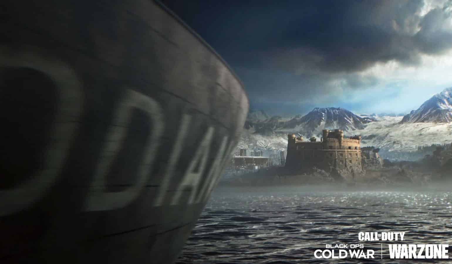 A close up of the side of a large boat appears on dark waters on its way to the Gulag in Verdansk. The Call of Duty Black Ops Cold War and Warzone logos also appear in the corner.