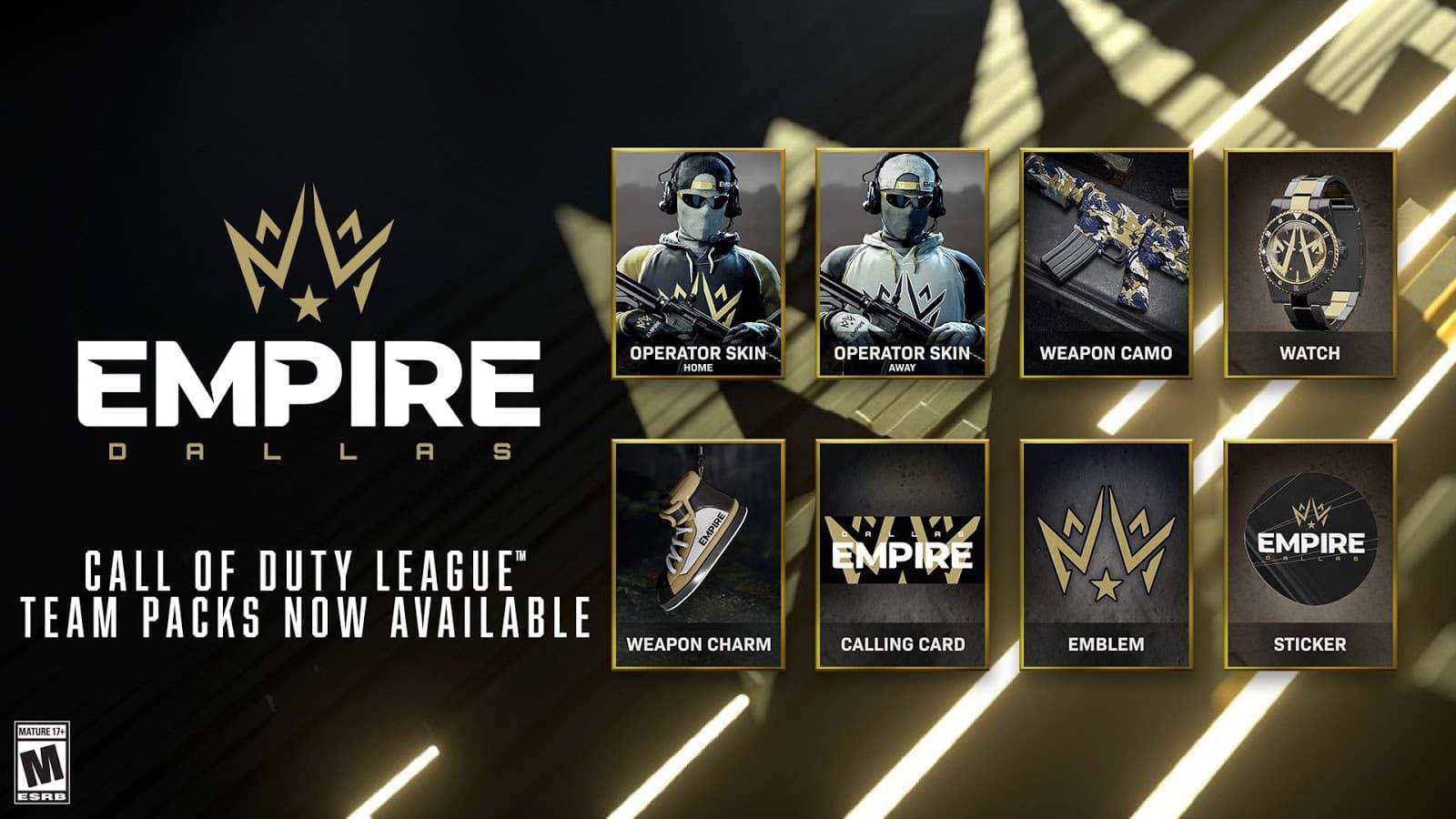 The Dallas Empire golden crown logo is shown with the words "Call of Duty League teams pack now available" with boxes showing cosmetics like operator skins, emblems, weapon camos and stickers for Call of Duty Black Ops Cold War