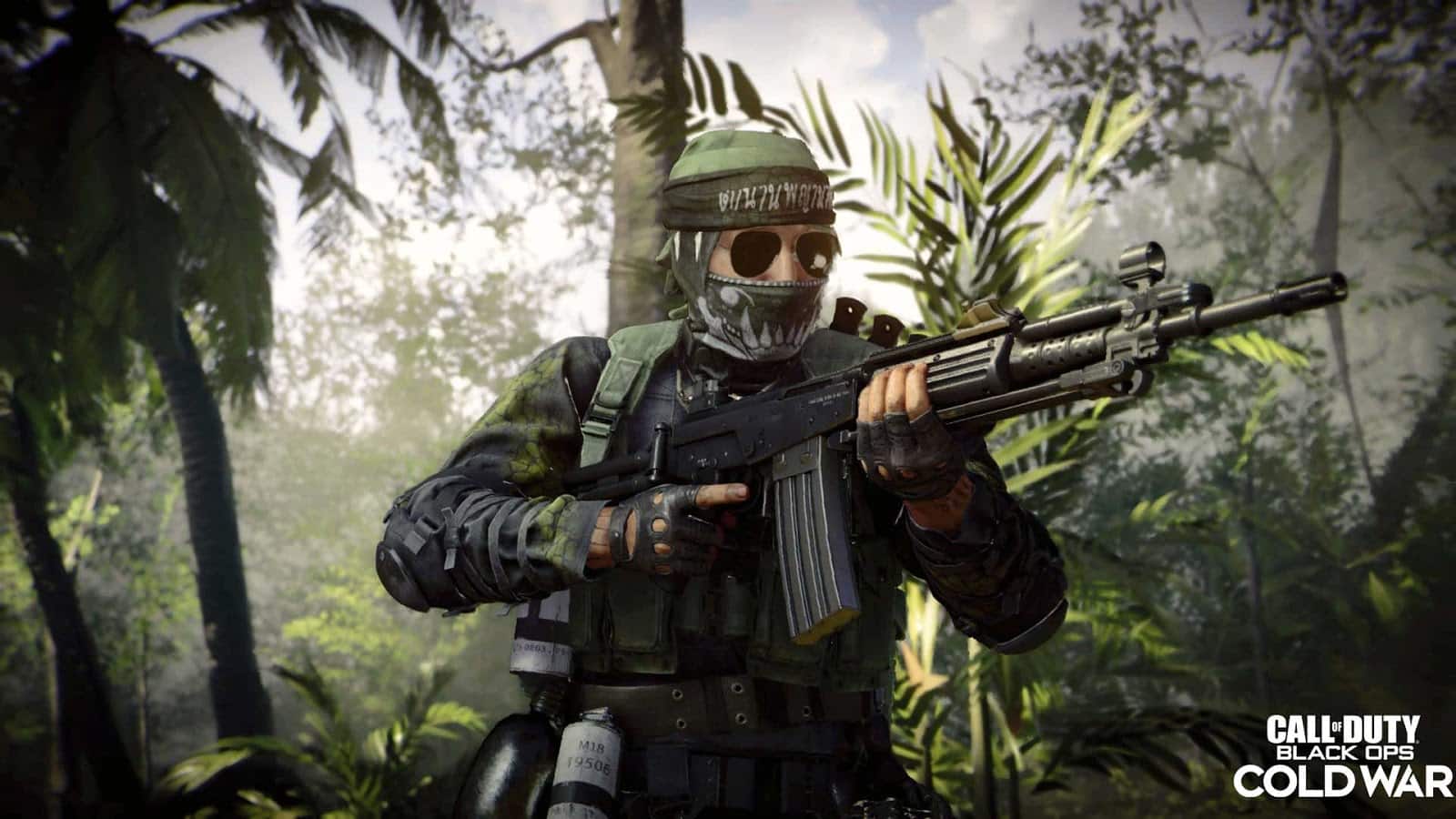 A masked soldier stalks through the jungle with a FARA 83 assault rifle. The Call of Duty Black Ops Cold War logo appears in the corner.