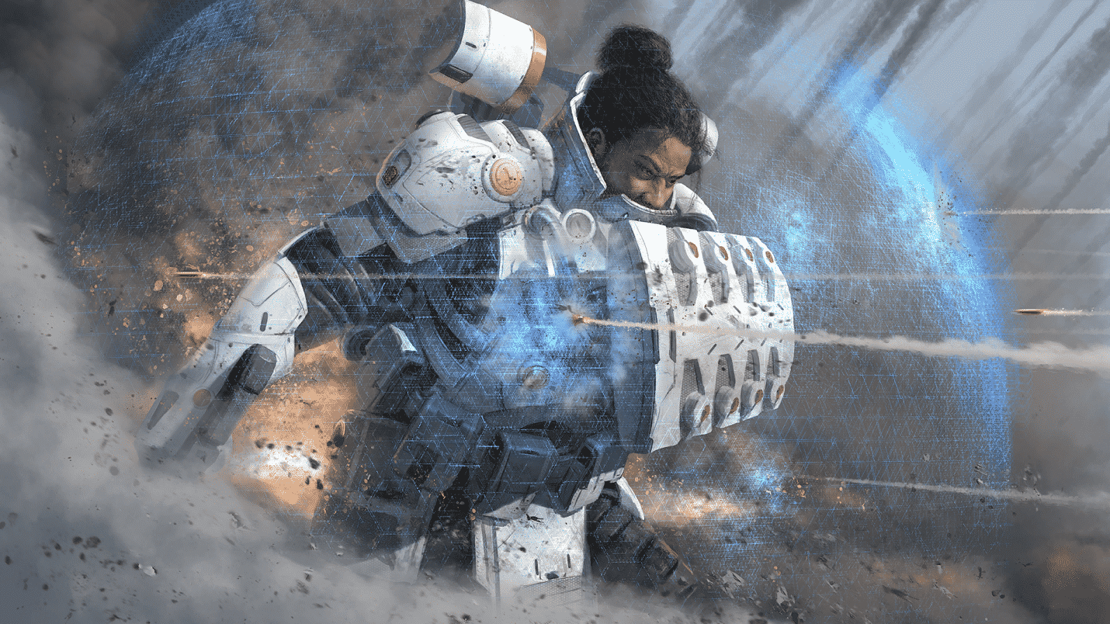 Apex Legends character Gibraltar runs into a smoky battlefield with a holographic shield in front of him absorbing a bullet in his large, futuristic looking armor