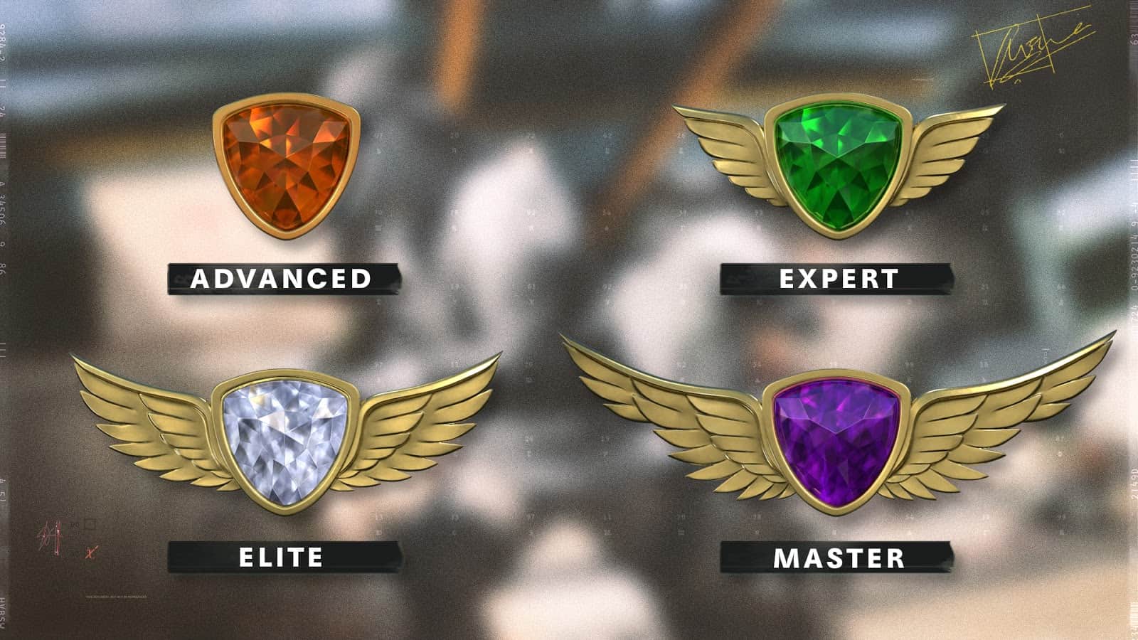 Four shield shaped icons appear with various-colored gems and gold wings that extend out from them for higher ranks indicating Divisions in Call of Duty Black Ops Cold War's League Play