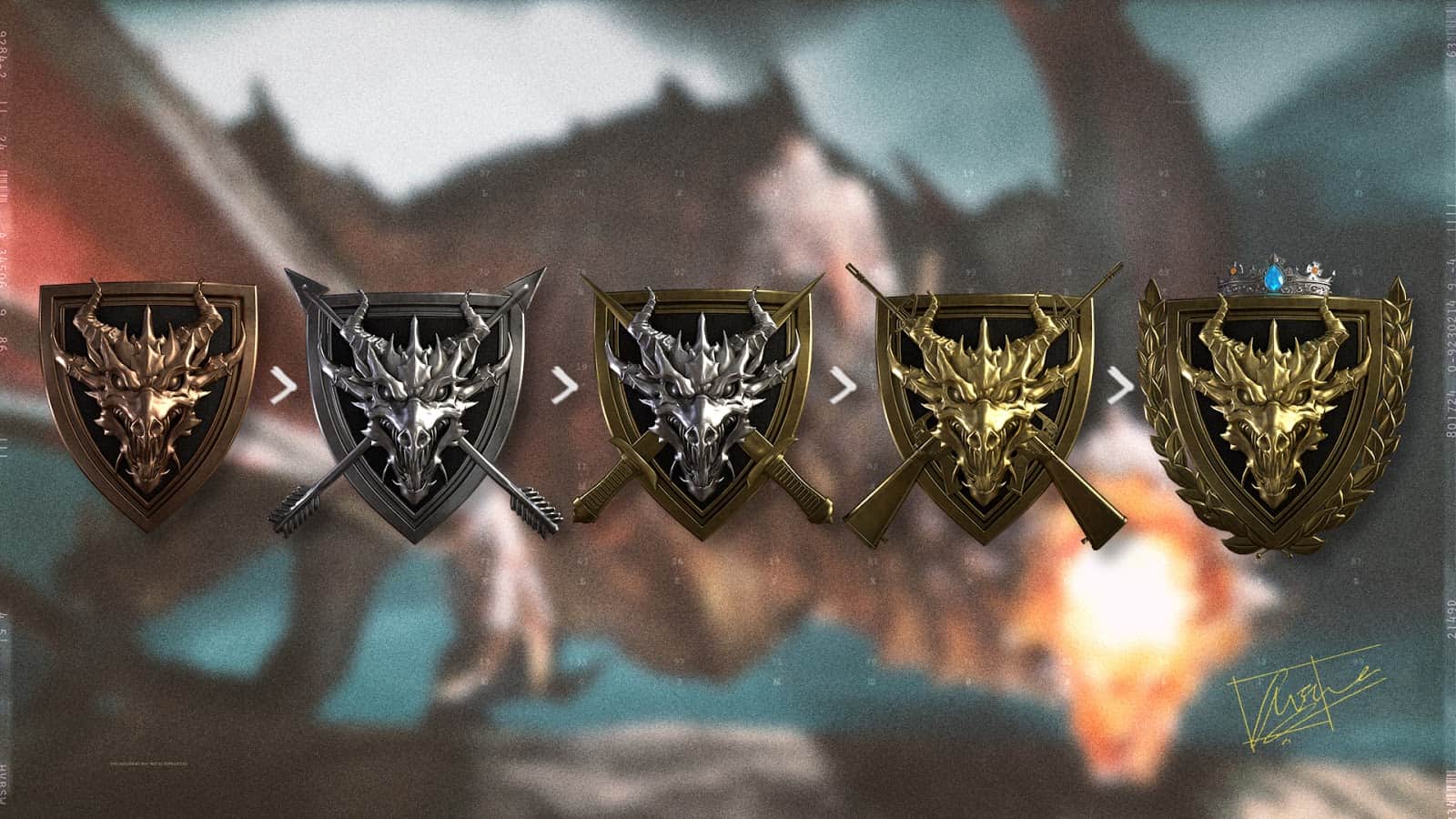Five Dragon head icons for Call of Duty Black Ops Cold War's League Play appear with one bronze, two silver and two gold colored ones in order from left to right with the scene of a battle in the background