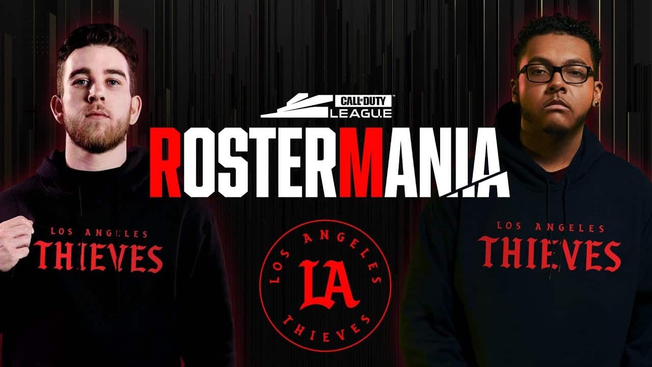 Austin "Slasher" Liddicoat and Donovan "Temp" Laroda stand in their LA Thieves jerseys either side of the words "Roster Mania"