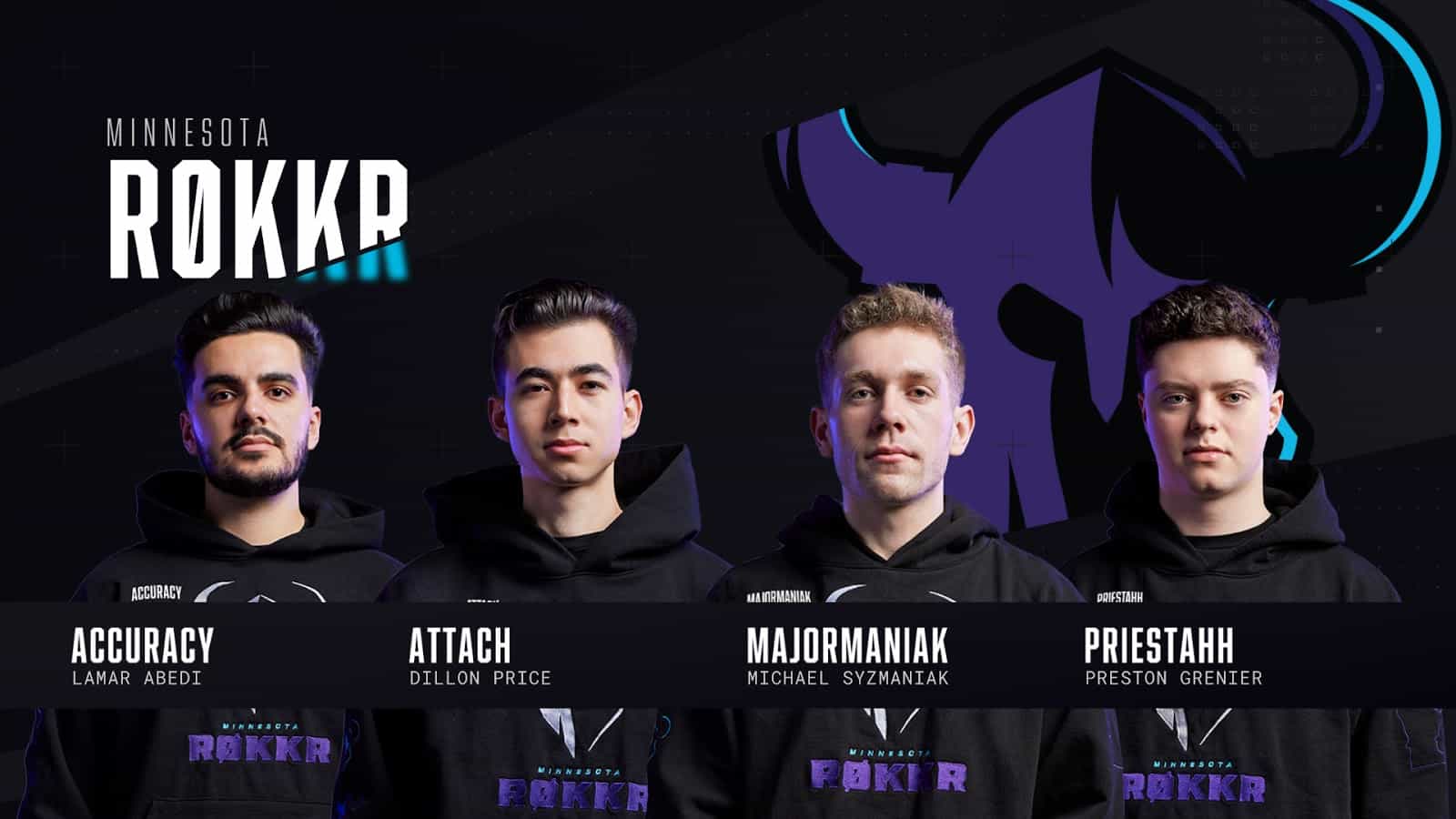 The roster for the Minnesota Rokkr stand facing the camera. Their team logo, a stylized purple and black viking helmet, appears behind them