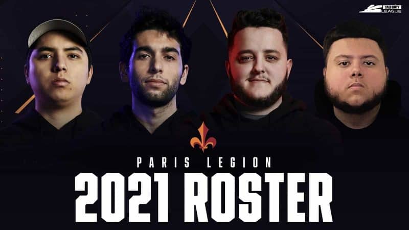 The roster of Paris Legion stand facing the camera against a black background. The words "2021 Roster" appear below them in large white block letters