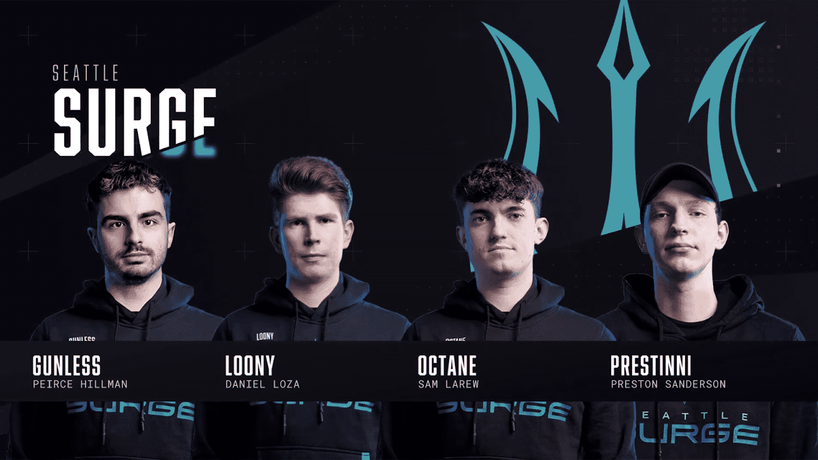 The roster for the Seattle Surge stand facing the camera against a black background. The team's logo, a stylized green trident appears behind them
