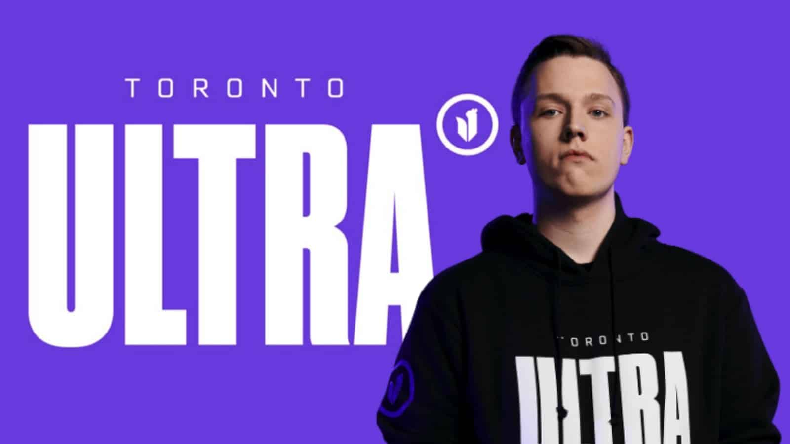 Tobias “CleanX” Jønsson stands against a purple background in his Toronto Ultra hoodie. The team logo appears behind him
