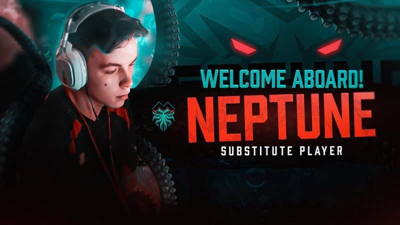 Travis “Neptune” McCloud sits with headset on at the PC ready to play. The words "Welcome Aboard Neptune" appear beside him in front of the Florida Mutineers logo