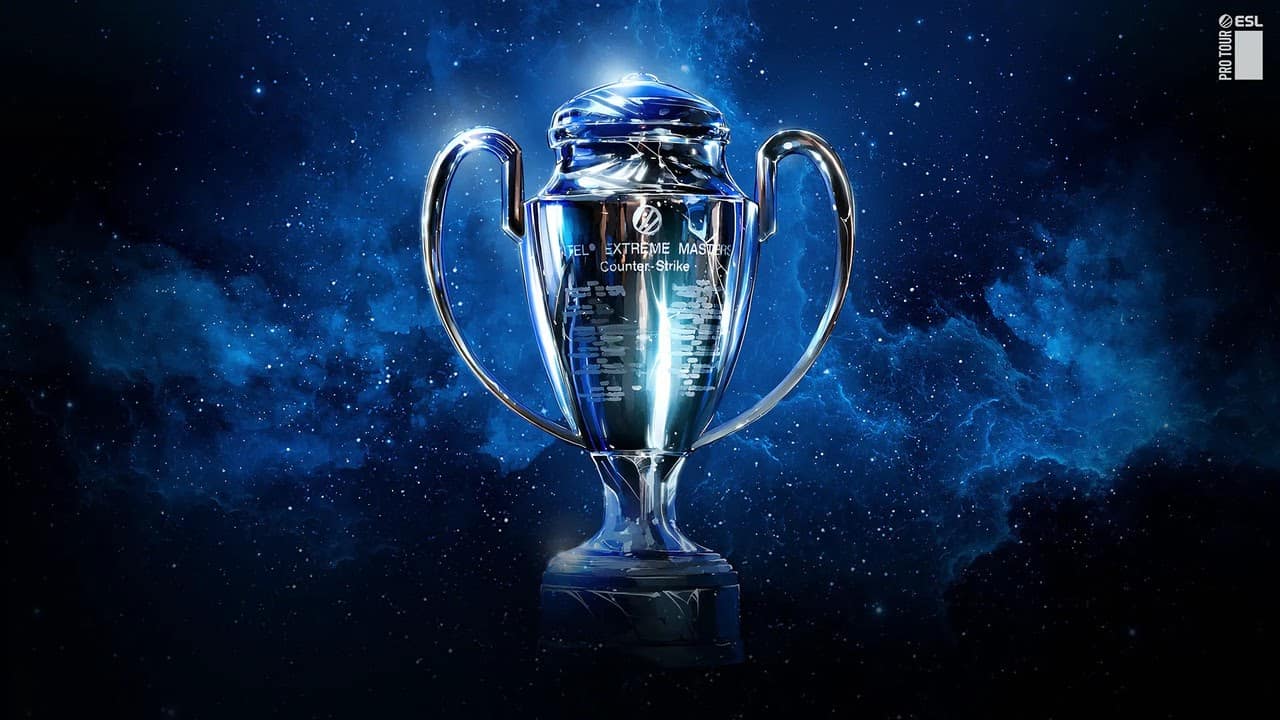 The Intel Extreme Masters trophy sits infront of a starry sky