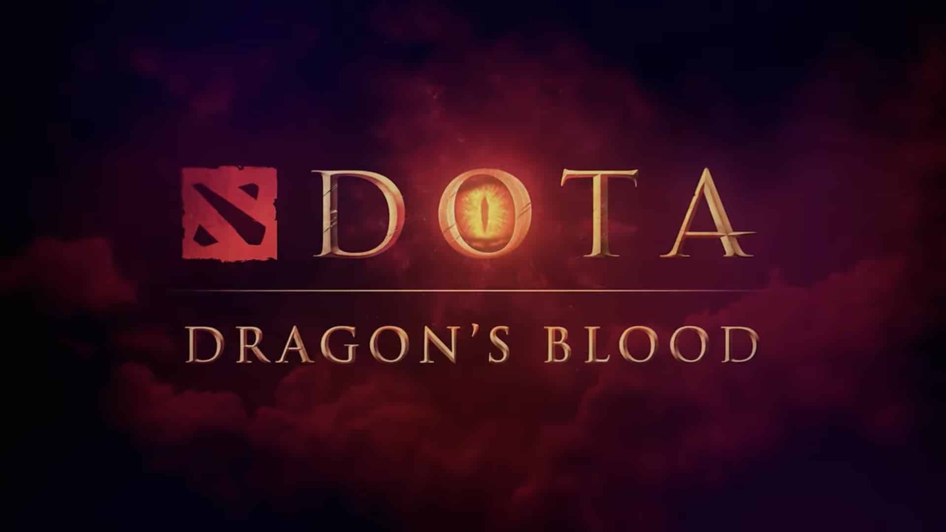 The title slide for Dota 2 Dragon's Blood, featuring the eye of Roshan and the Dota 2 logo