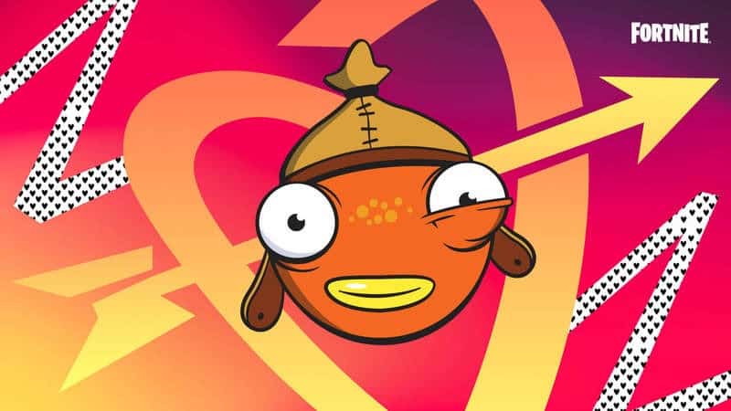 Fortnite character Fishstick's orange fish head appears with a heart and arrow behind him in yellow and orange over a yellow, pink and purple gradient background with lines hosting hearts in them jutting across screen and the Fortnite logo in the corner