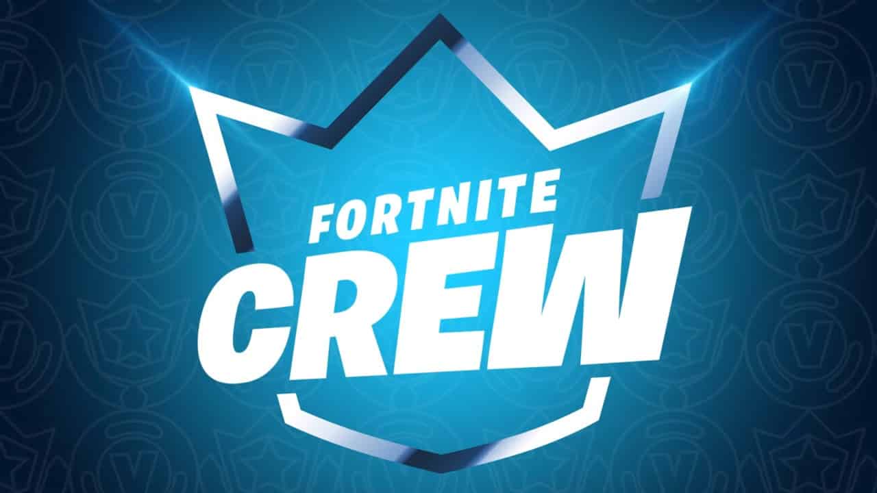 A silver crown holds the words "Fortnite Crew" inside of it with a light blue aura eminating from it on a dark background