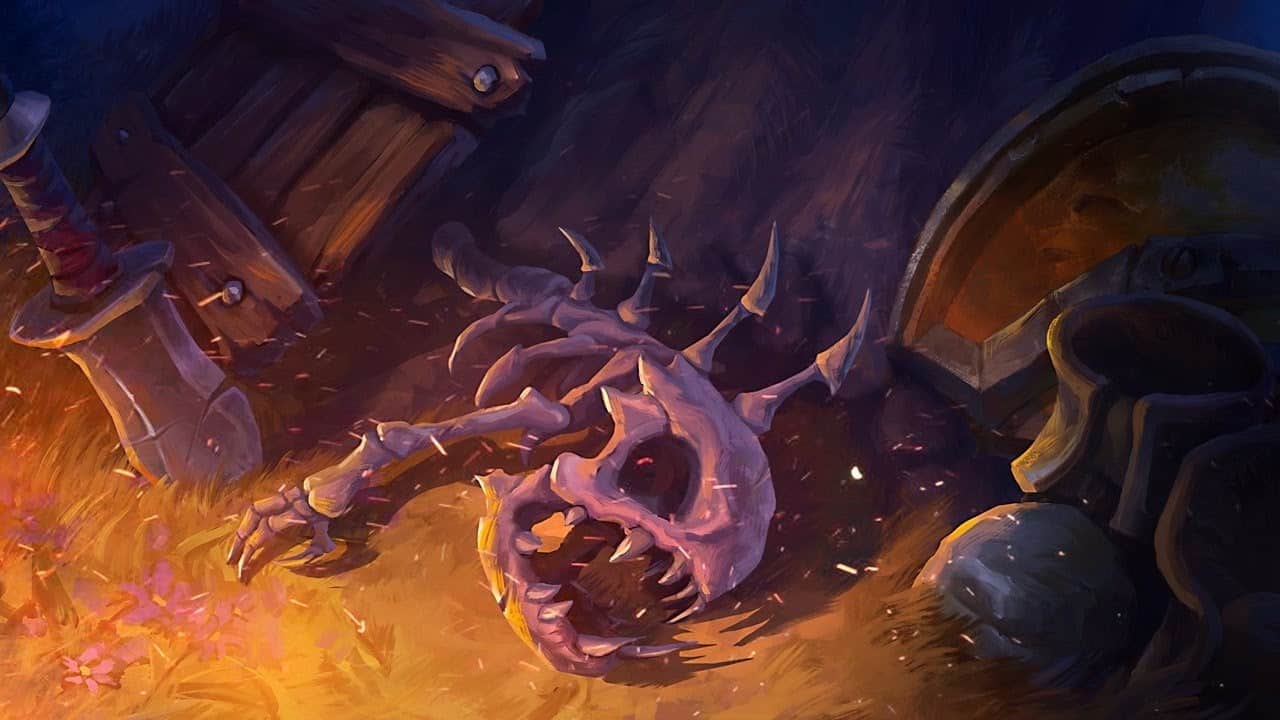 An image from Heroes of the Storm, showing a fish's skeleton among a pile of medieval equipment and golden wheat grass