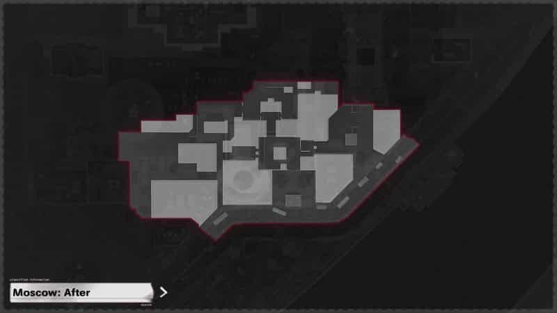 A shot of the post-map changes Moscow minimap from Call of Duty Black Ops Cold War is showing with lighter grey shapes as buildings. 