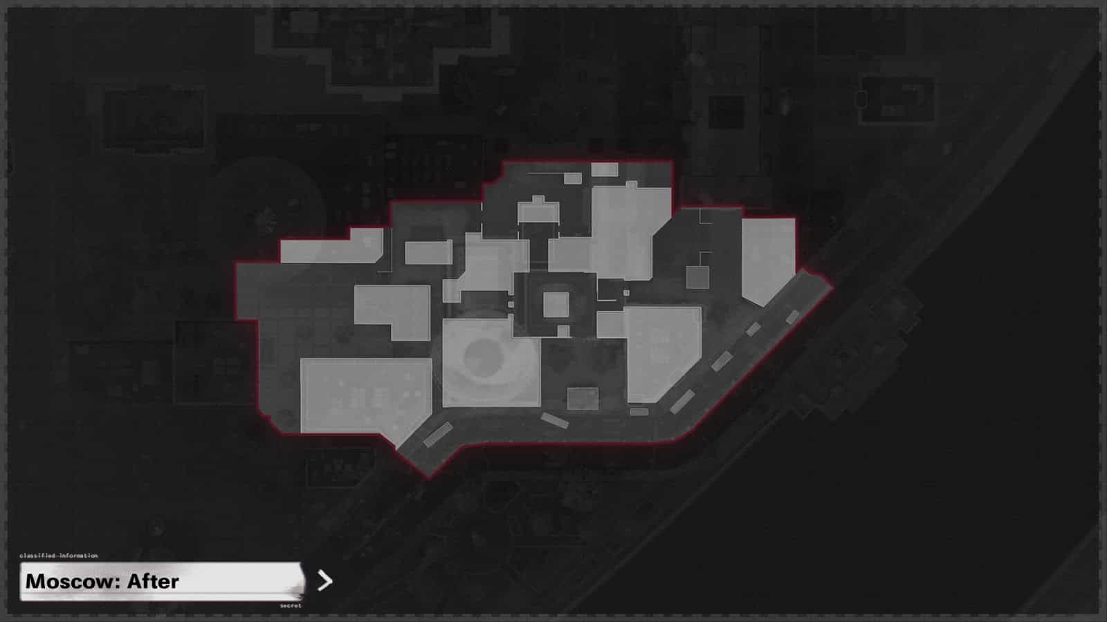A shot of the post-map changes Moscow minimap from Call of Duty Black Ops Cold War is showing with lighter grey shapes as buildings.