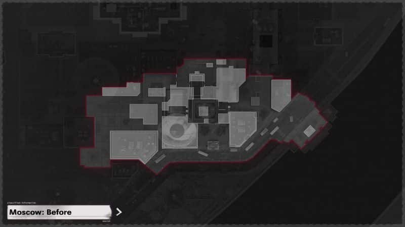 A shot of the pre-map changes Moscow minimap from Call of Duty Black Ops Cold War is showing with lighter grey shapes as buildings. 