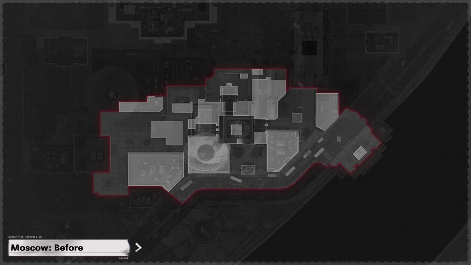 A shot of the pre-map changes Moscow minimap from Call of Duty Black Ops Cold War is showing with lighter grey shapes as buildings.