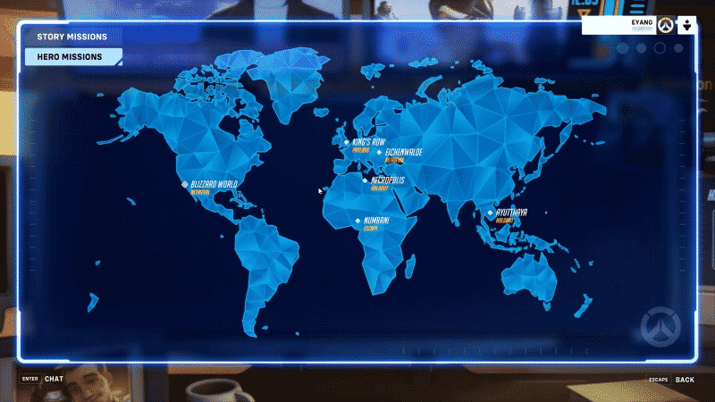 A screenshot from new Hero Missions in Overwatch. It shows a bluemap of the world with some key locations marked on it