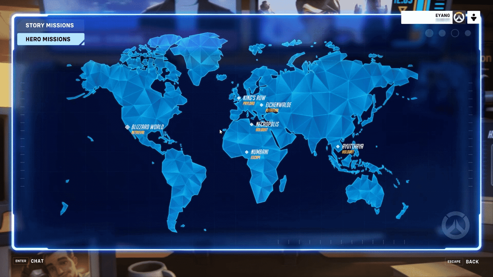 A screenshot from new Hero Missions in Overwatch. It shows a bluemap of the world with some key locations marked on it