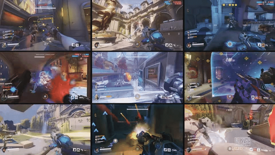 A collage of first-person screenshot from Overwatch show many players' perspective while playing different heroes